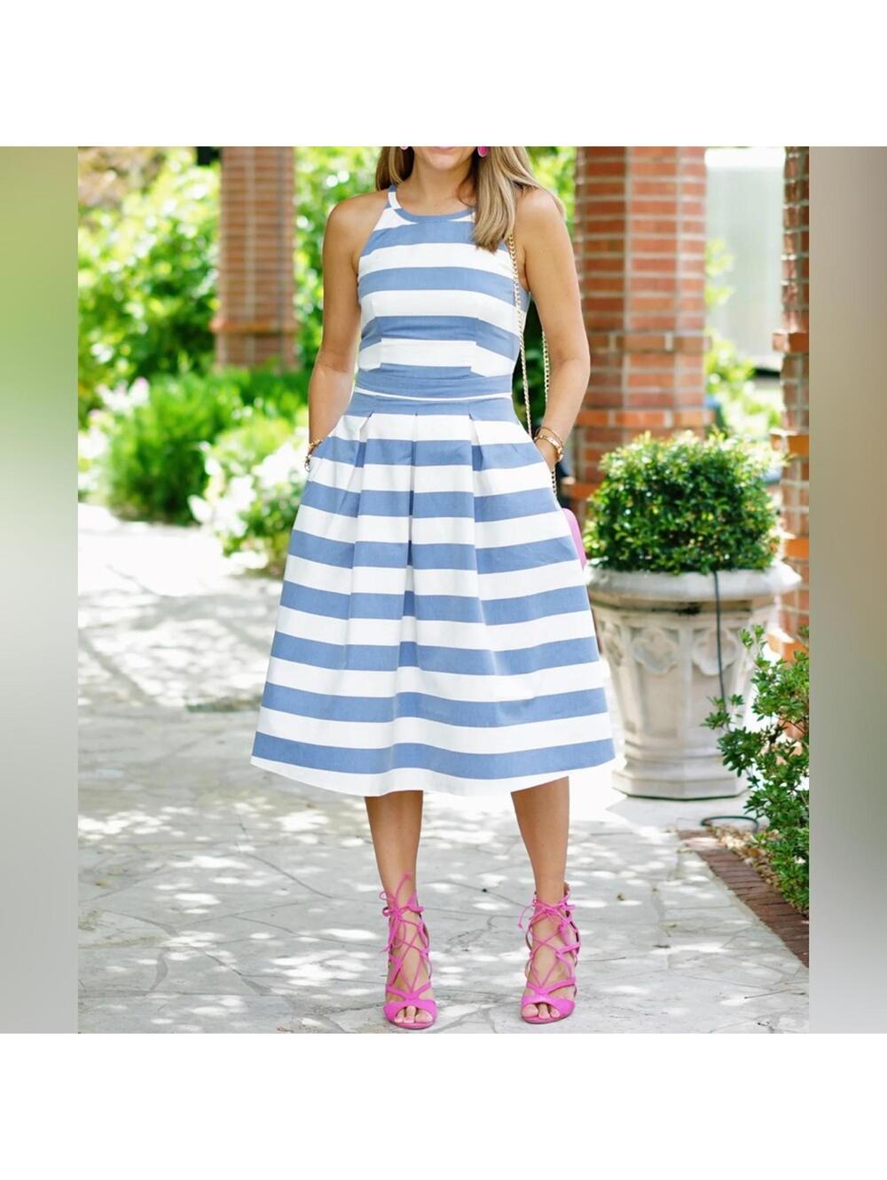 NWT The Limited Fit & Flare Blue Stripe Pleated Midi Dress Sz 10